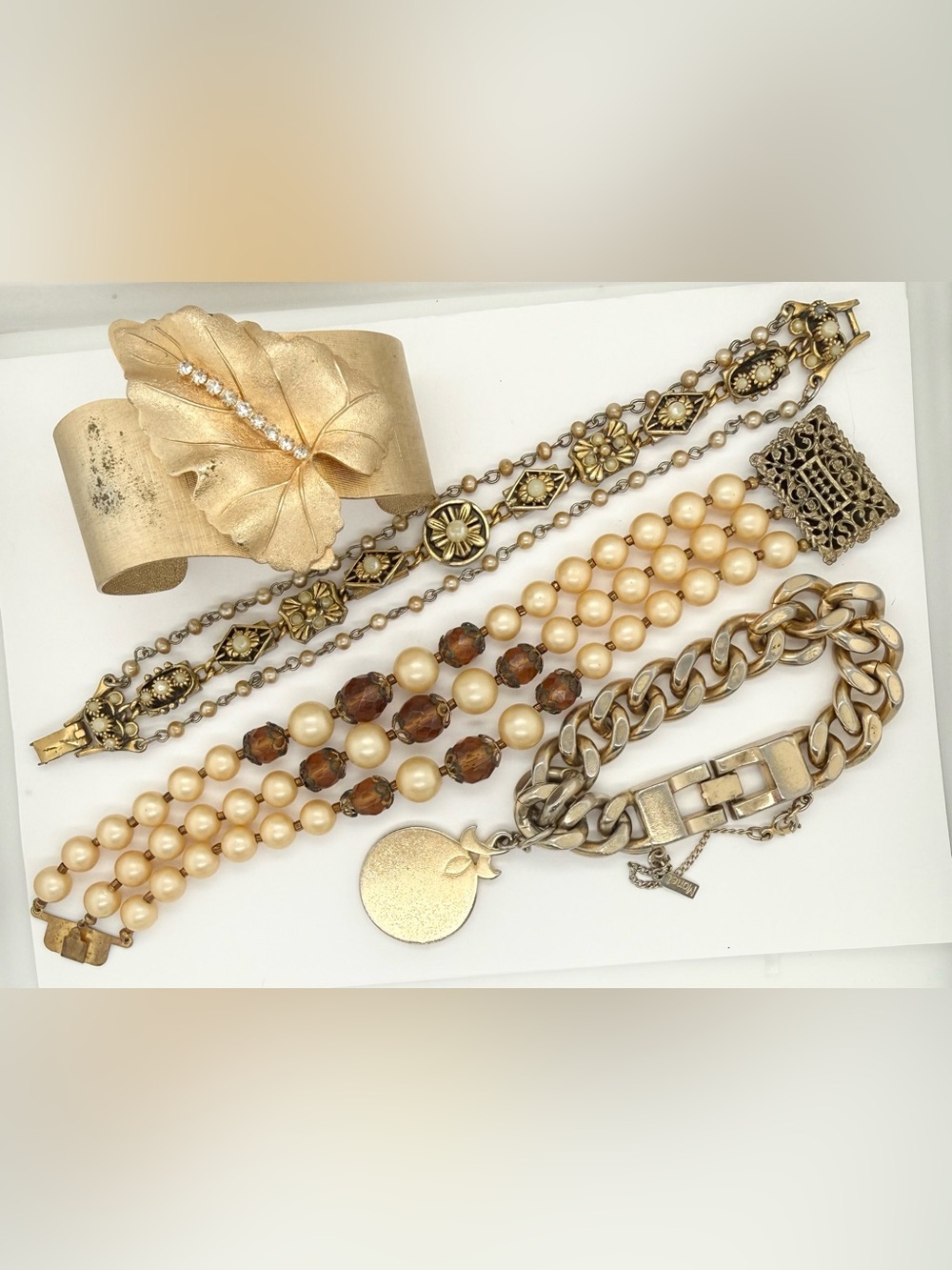Vintage Estate Designer Gold Tone Pearl Bracelet Lot Judy Lee Monet